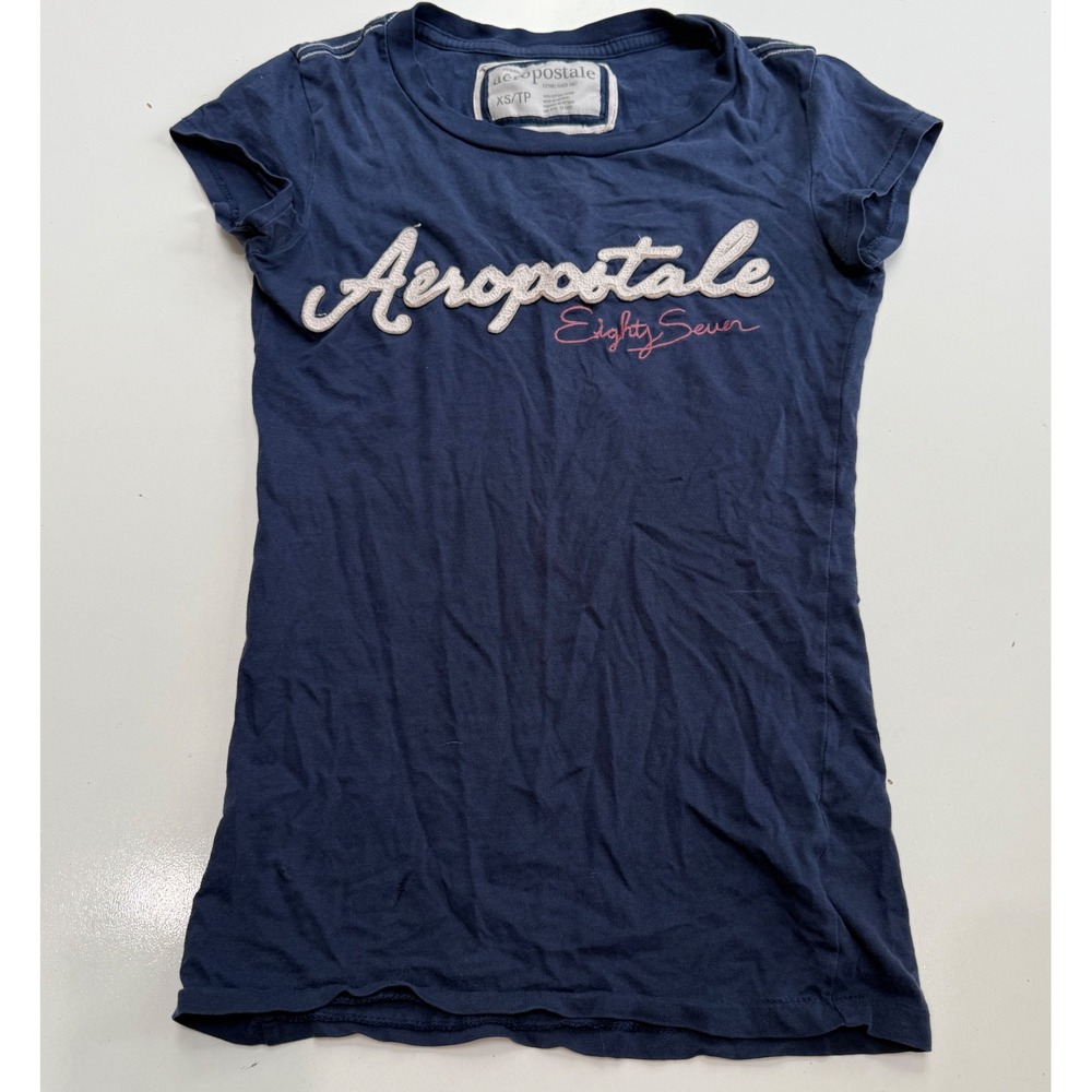 Y2K Aeropostale Navy Blue Graphic Tee Shirt Eighty Seven Chenille Logo XS